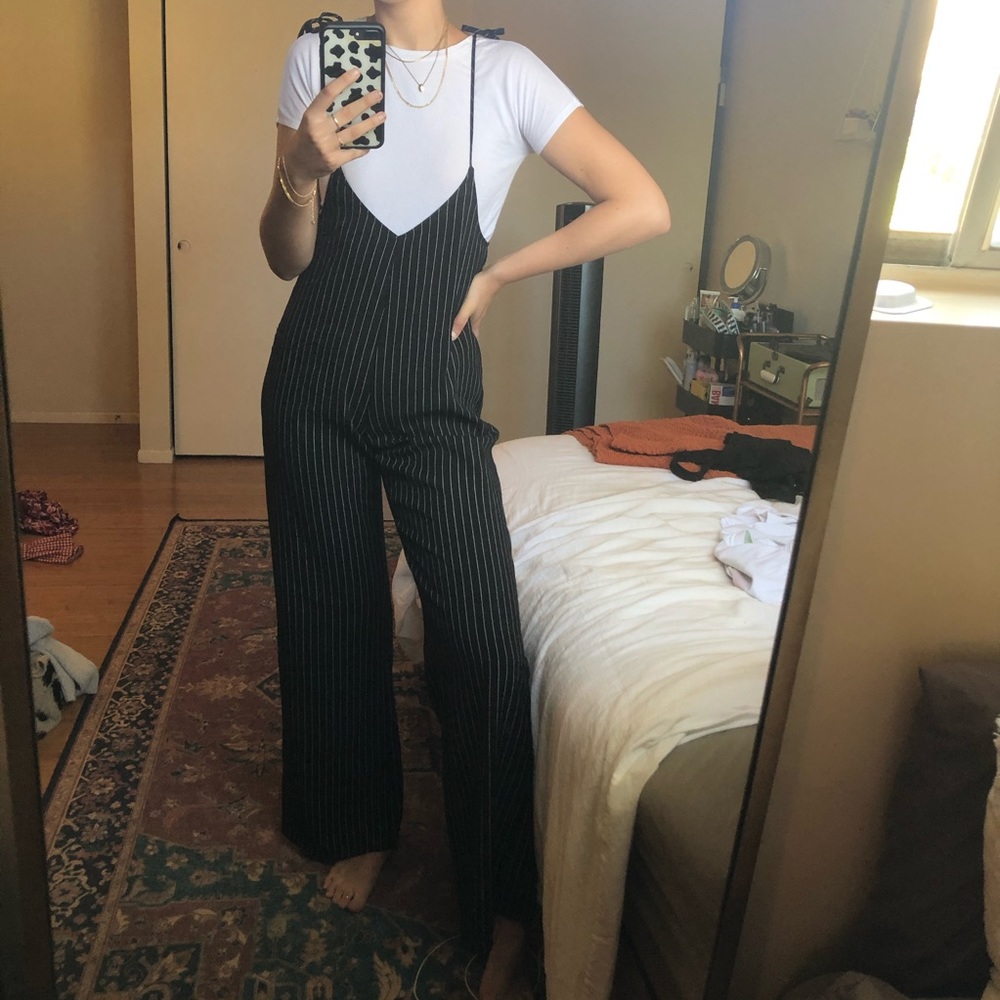 black pinstripe jumpsuit